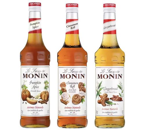 Pack gourmand - 3 sirops (Pumpkin spice, Pain d'&eacute;pices, Cinnamon roll) 3 x 70 cl + 1 pompe &agrave; sirop - MONIN