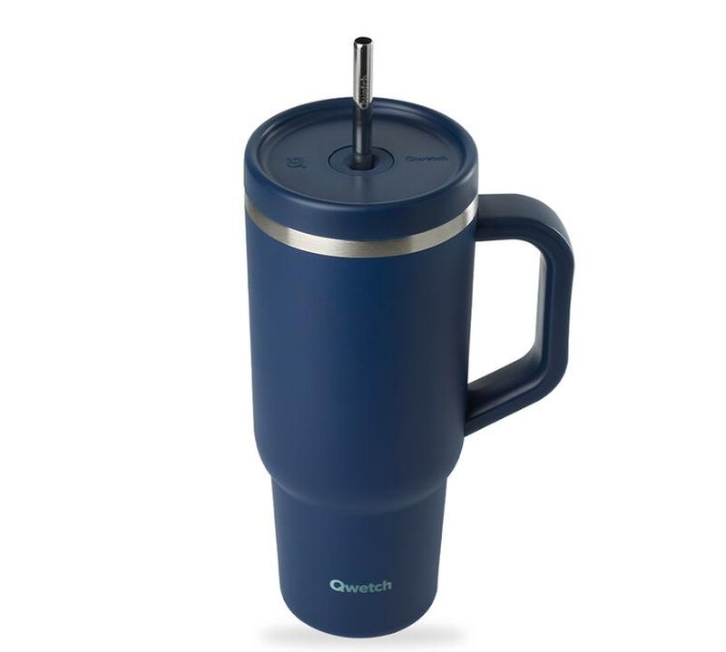 Gourde isotherme avec paille Travel cup bleu nuit - 90 cl - QWETCH image number 2