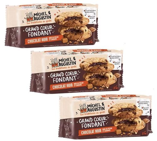 Lot Bo&icirc;tes Cookies C&oelig;ur Fondant Chocolat Noir Noix de P&eacute;can Caramel - 3 x 6 cookies - MICHEL & AUGUSTIN