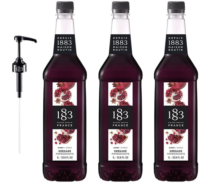Lot de 3 sirops 1883 Routin Grenade - Bouteille plastique - 3x1L + Pompe doseuse image number 0