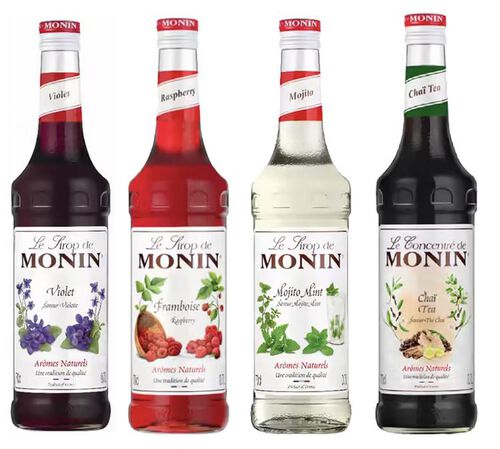 Pack d&eacute;couverte Sirops Monin (Mojito, Violette, Framboise, Th&eacute; Cha&iuml;) - 4x70cl