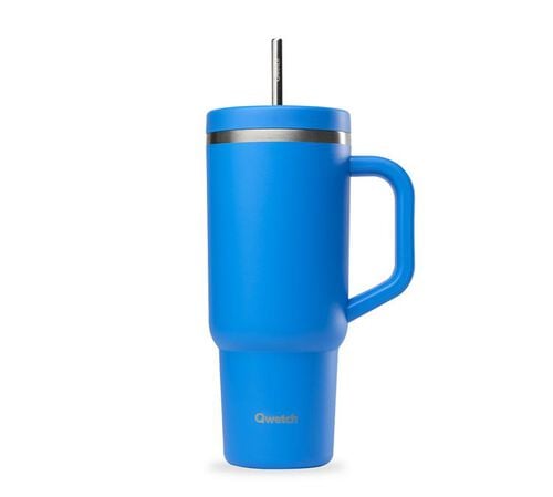 Gourde isotherme avec paille Travel cup bleu azur - 90 cl - QWETCH