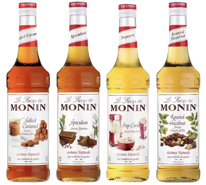 Monin Sirup Probierset &ndash; ger&ouml;stete Haselnuss / Spekulatius / gesalzenes Karamell / Popcorn &ndash; 4 x 70 cl image number 0