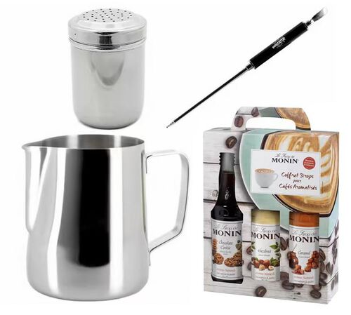 Pack Latte Art Barista : Pichet en inox, Stylo, Saupoudreuse et sirops Monin