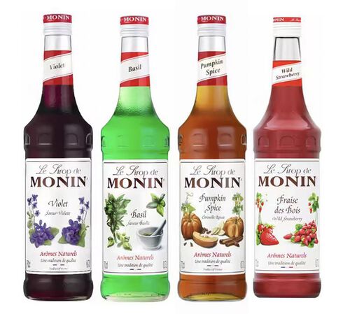 Lot de 4 Sirops Monin Basilic / Fraise des bois / Violette / Pumpkin Spice - 4 x 70 cl image number 0