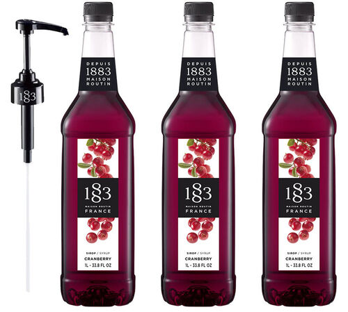 Lot de 3 sirops Cranberry - Bouteille plastique - 3x1L + Pompe doseuse 1883 ROUTIN