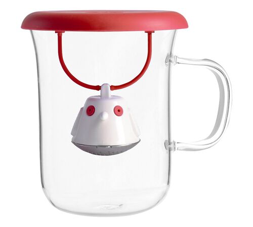40cl glass mug and red Birdie tea infuser lid - QDO
