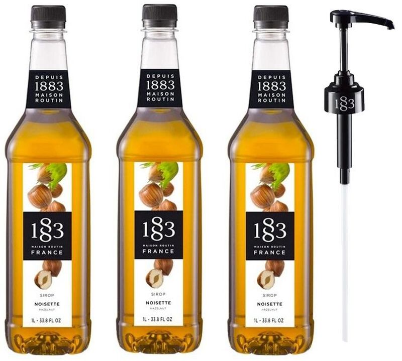 Lot de 3 Sirops pur Noisette - Bouteille Plastique - 3x1L + Pompe doseuse 1883 ROUTIN image number 0