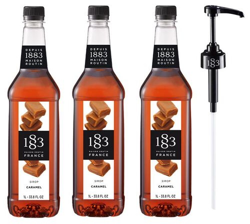 Lot de 3 Sirops Caramel Nature - Bouteille plastique - 3x1L + Pompe doseuse 1883 ROUTIN