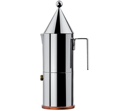 Alessi Aldo Rossi 3-cup moka pot with a copper base designed by Aldo Rossi.