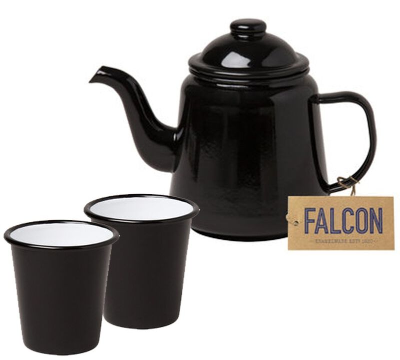 Falcon Enamelwear - Charcoal black enamel Tea set with teapot + 2 cups & Free tea image number 0