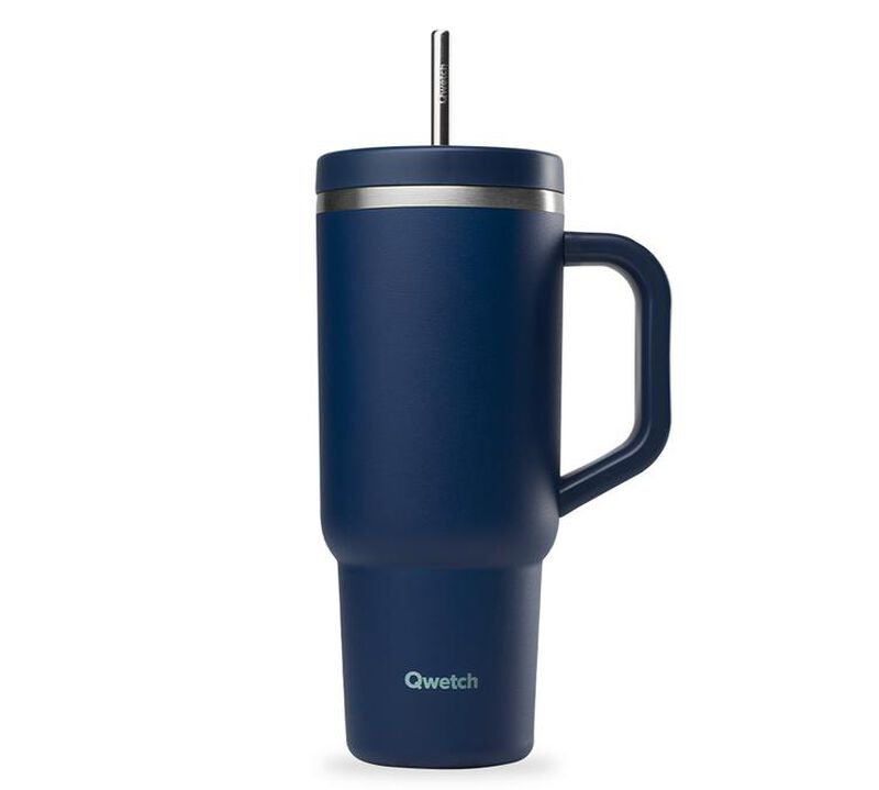 Gourde isotherme avec paille Travel cup bleu nuit - 90 cl - QWETCH image number 0
