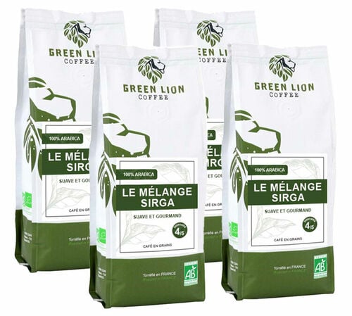 4 x 250 g - Caf&eacute; en grain - Le M&eacute;lange Sirga 100% Arabica Bio - GREEN LION COFFEE