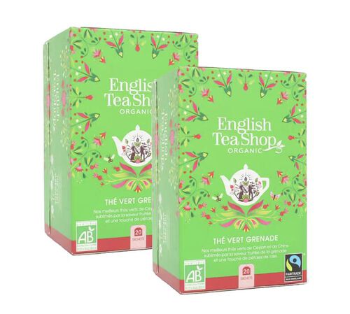 Pack Th&eacute; Vert Grenade et P&eacute;tales de Rose Bio & Equitable - 2 x 20 sachets - FAIRTRADE - ENGLISH TEA SHOP