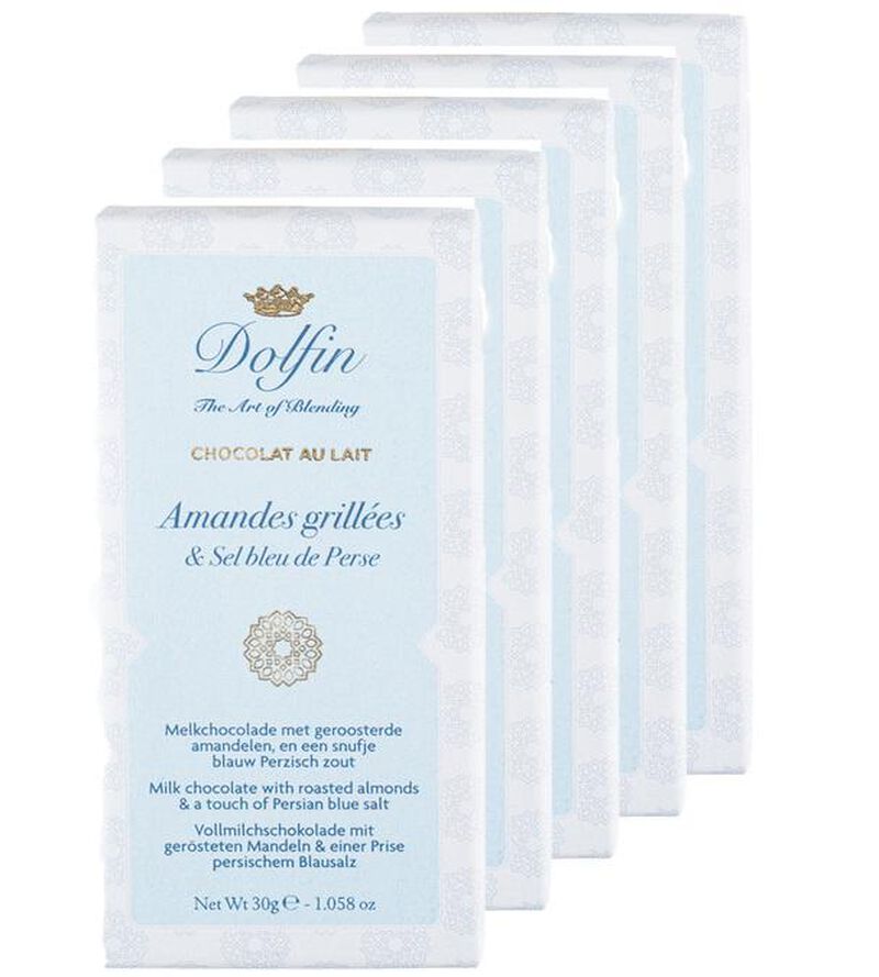 Lot 5 Tablettes Chocolats au Lait Amandes Grill&eacute;es & Sel Bleu de Perse - 5 x 30 g - DOLFIN image number 0