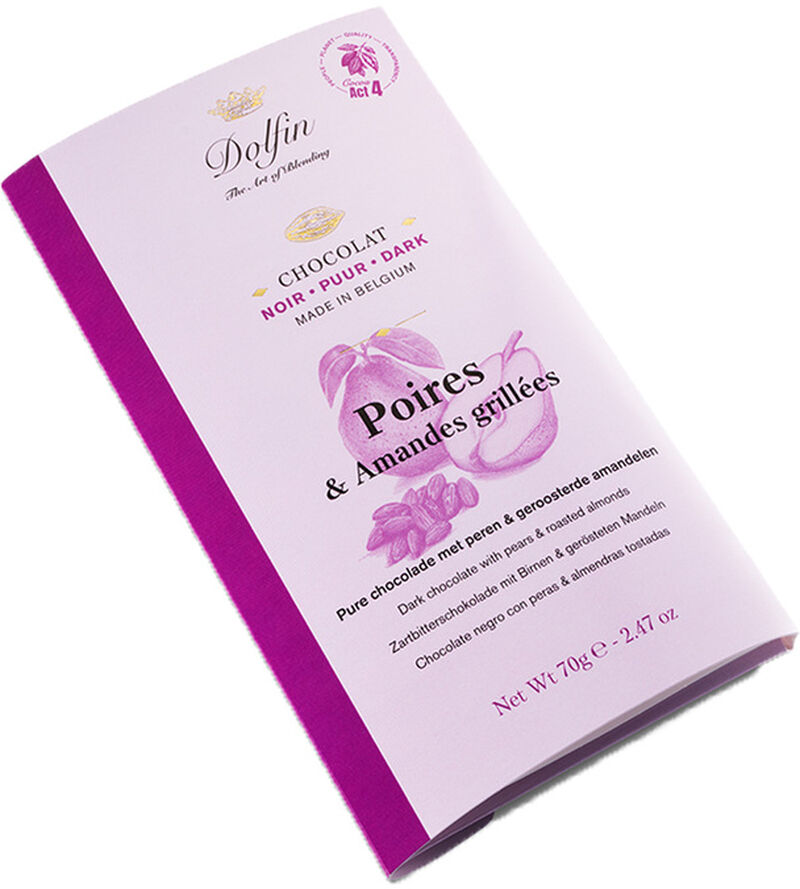 Tablette Chocolat Noir 60% Poires Amandes Grill&eacute;es - 70 g - DOLFIN image number 1