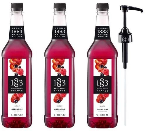 Lot de 3 Sirops Grenadine - Bouteille Plastique - 3x1L + Pompe doseuse - 1883 ROUTIN