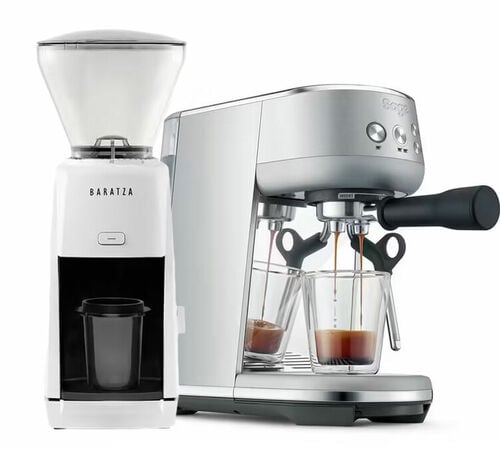 Machine expresso SAGE The Bambino inox + Moulin &agrave; caf&eacute; BARATZA Encore ESP blanc