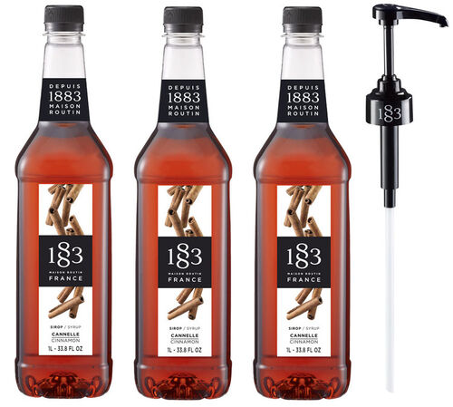 Sirop Cannelle - Bouteille plastique - 3 x 1L + Pompe doseuse 1883 ROUTIN