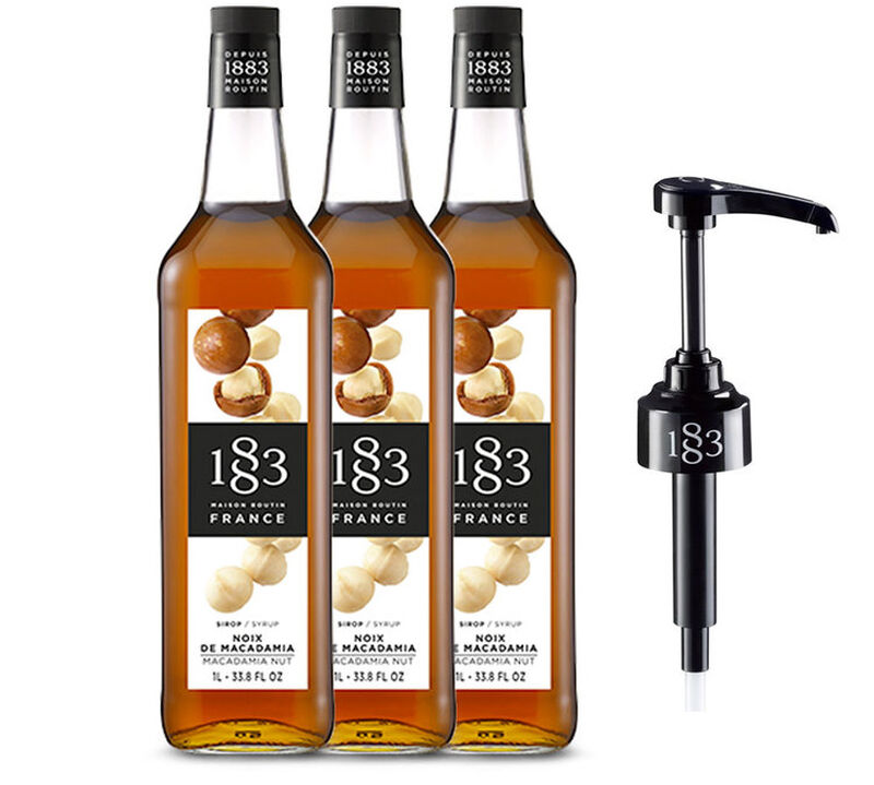 Lot de 3 Sirops 1883 Routin Noix de Macadamia - Bouteille Plastique - 3x1L + Pompe doseuse image number 0