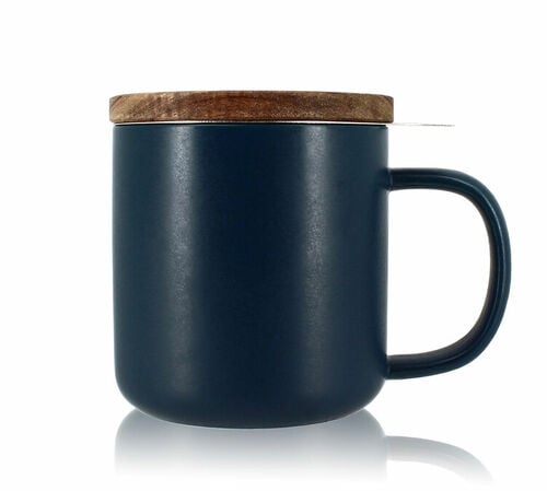 Tisani&egrave;re en gr&egrave;s bleu 300 ml avec couvercle en bois acacia OGO Living