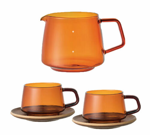 Carafe + Lot de 2 Tasses et sous tasses - KINTO -  27 cl Ambre