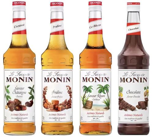 Lot Sirop Monin Ch&acirc;taigne / Chocolat / Praline / Rhum - 4 x 70 cl