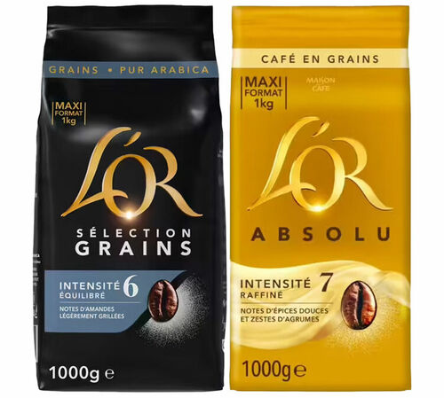2 X 1 kg - Caf&eacute; en grain &ndash; Pack d&eacute;couverte Absolu & S&eacute;lection Arabica &ndash; L&rsquo;OR