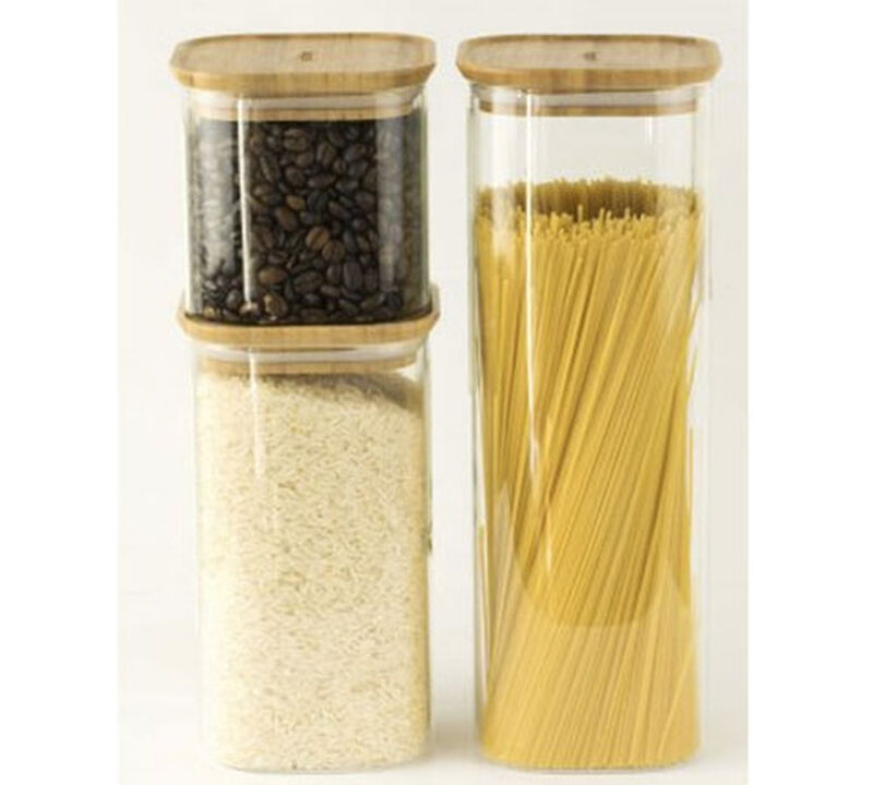 Bo&icirc;te de conservation carr&eacute;e - en verre et bambou 1.4L - PEBBLY image number 1