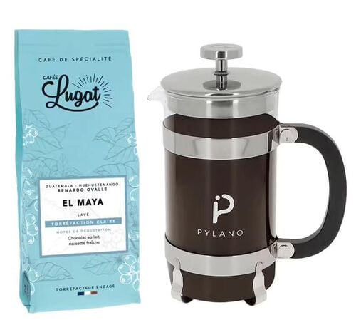 Cafeti&egrave;re &agrave; piston CALI inox z&eacute;ro plastique 8 tasses + Caf&eacute; Lugat 250 g - 1 L - Pylano