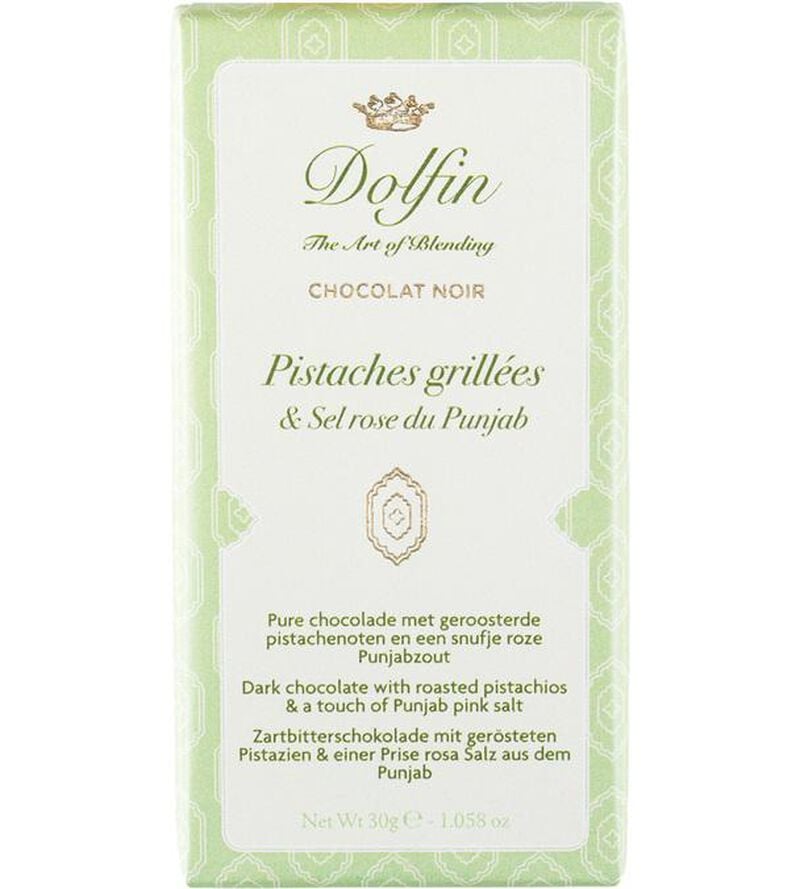 Tablette Chocolat Noir Pistaches Grill&eacute;es Sel Rose du Punjab - 30g - DOLFIN image number 0