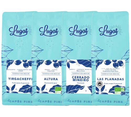 4 x 250 g &ndash; Caf&eacute; en grain &ndash; Pack d&eacute;couverte 4 origines &Eacute;thiopie Br&eacute;sil Colombie P&eacute;rou &ndash; LUGAT