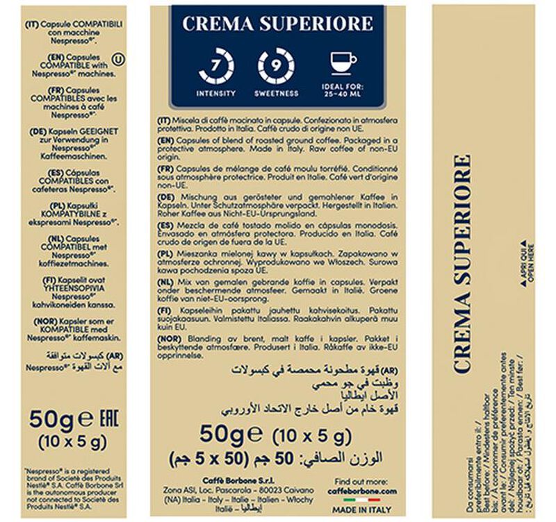 10 Nespresso* Original Compatible Capsules Crema Superior &ndash; CAFFE BORBONE image number 5
