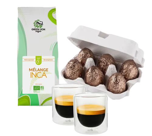 Lot cadeau de P&acirc;ques : 250 g Caf&eacute; moulu M&eacute;lange Inca Green Lion Coffee, &oelig;ufs en chocolat et lot de verres - MAXICOFFEE