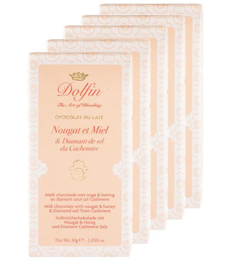 Lot 5 Tablettes Chocolat au Lait Nougat Miel Diamant de Sel du Cachemire - 5 x 30 g - DOLFIN image number 0