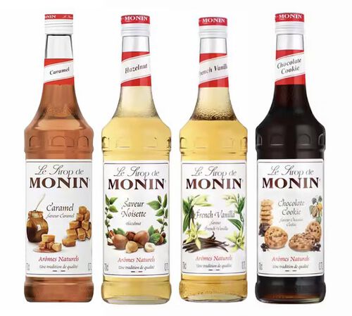 Lot de 4 Sirops Monin - French Vanilla / Caramel / Cookie Chocolat / Noisette - 4 x 70 cl