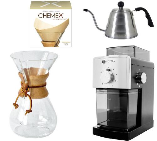 Kit Chemex n&deg;3 : Chemex 6 tasses + moulin Kottea + verseuse D-Kanta + filtres