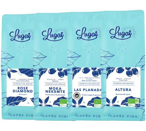 4 x 250 g &ndash; Caf&eacute; en grain &ndash; Pack d&eacute;couverte 4 origines &Eacute;thiopie Br&eacute;sil Colombie P&eacute;rou &ndash; LUGAT