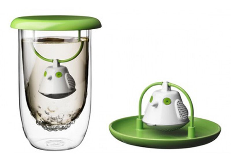 40cl glass mug and red Birdie tea infuser lid - QDO image number 2