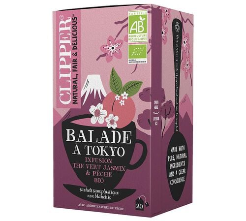 Infusion Th&eacute; Vert Jasmin, P&ecirc;che "Balade &agrave; Tokyo" Bio - 20 sachets - CLIPPER