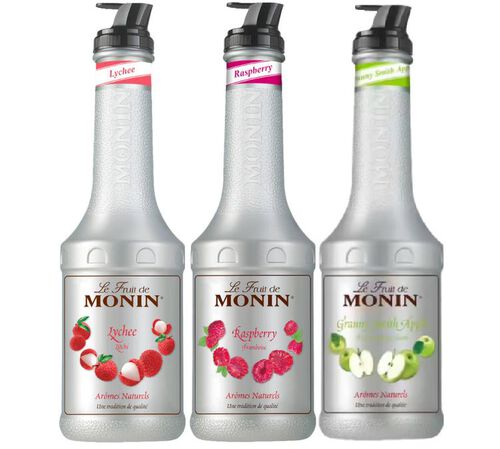 Lot de 3 pur&eacute;es de fruits 1L - Litchi, Framboise, Pomme verte - MONIN