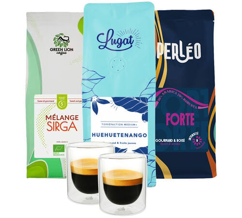 Pack d&eacute;couverte 3 x 250 g Caf&eacute; en grain avec lot de 2 verres &ndash; MAXICOFFEE