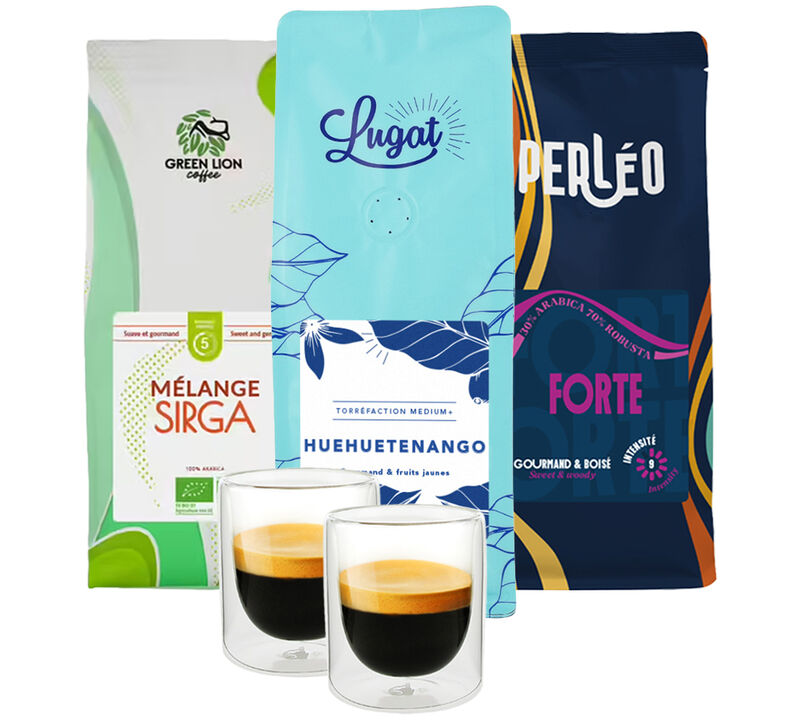 Pack d&eacute;couverte 3 x 250 g Caf&eacute; en grain avec lot de 2 verres &ndash; MAXICOFFEE image number 0