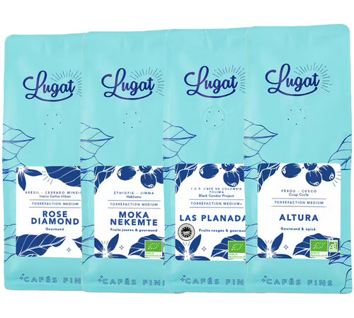 Lugat - Caff&egrave; in grani - Confezione scoperta 4x250g - 4 origini Etiopia Brasile Colombia Per&ugrave;