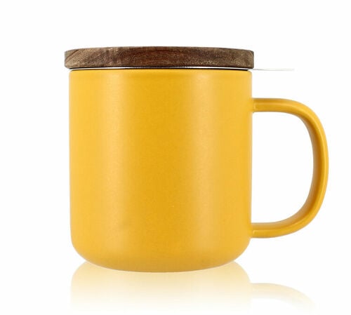 Tisani&egrave;re en gr&egrave;s jaune 300 ml avec couvercle en bois acacia OGO Living