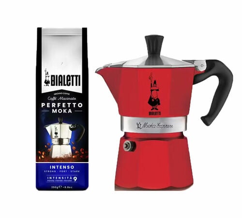 Pack Cafeti&egrave;re italienne rouge alu 6 tasses + Caf&eacute; moulu Intenso BIALETTI