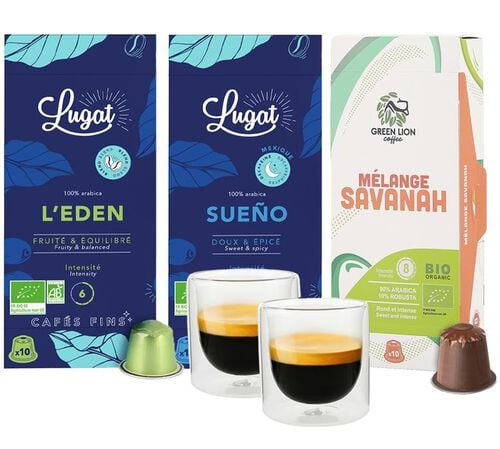 Pack d&eacute;couverte 30 capsules compatibles Nespresso* Original avec lot de 2 verres &ndash; MAXICOFFEE