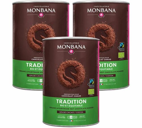 Lot 3 Bo&icirc;tes Chocolat Poudre Tradition Bio & Equitable -  Vrac 3 x 1 kg - MONBANA