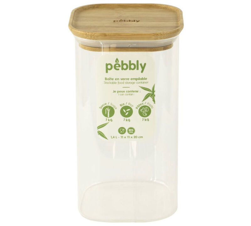 Bo&icirc;te de conservation carr&eacute;e - en verre et bambou 1.4L - PEBBLY image number 0