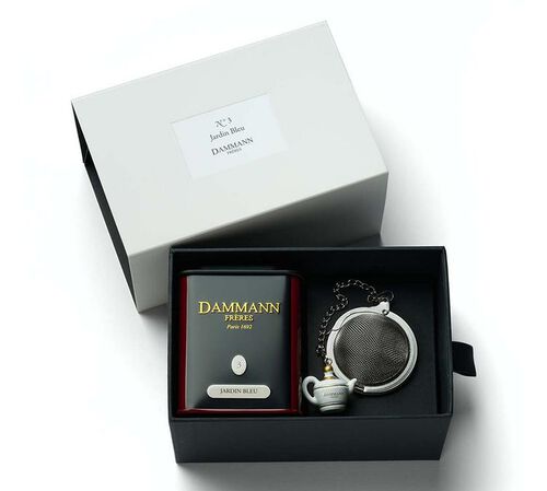 Coffret Th&eacute; noir Jardin bleu - Bo&icirc;te vrac 50g + boule &agrave; th&eacute; - DAMMANN FR&Egrave;RES image number 1